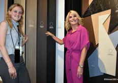 Elyse De Myttenaere (left) and Marjon Vermeulen from Unilin, who brought the new Master Oak collection (a sustainable alternative to veneer and real oak), a panel available in five colors.