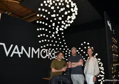 Timo Keultjens, Arno Ruijzenaars, and Mariëlle van der Wal from VANMOKKUM, with behind and above the new Loci from the lighting brand Graypants.
