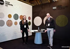Laurien Vogel and Kevin Berkhout from Dutch Walltextile Co. (DWC), which showcased new acoustic textile panels. The company is known for producing "the finest and most luxurious wall textiles intended for high-end interiors."
