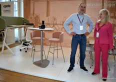Robert van der Burg and Minka Weeda from Wiesner-Hager, which supplies office and project furniture. The company showcased, among other things, a new table and new chairs that are stackable and easy to connect. The company develops innovative products for events and congresses, training and seminars, offices, and hospitality environments.
