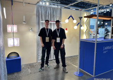 Noah Brevet and David Derksen of the Dutch brand Array Lighting. The eye catchers were the new glass lighting pieces on the left.